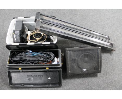 A Lamey CX amplifier together with two boxes of assorted stage lighting and cables 