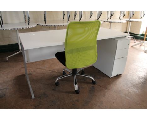 A rectangular office desk, length 160 cm with three drawer metal under desk chest and a two-tone Niceday metal fabric typist 