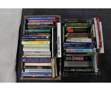 Two boxes of hardback books - Dictionaries, reference, Clarice Cliff and Art Deco 