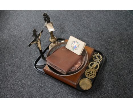 A tray of antique gilt wood lamp base, early 20th century crucifix, horse brasses, antique copper bowl and plates etc 