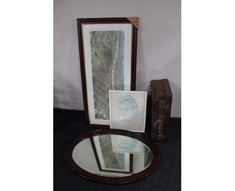 A vintage leather suitcase, antique mahogany mirror, framed topographical print of Dublin and a framed portrait 