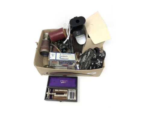 A box of collectables including binoculars, cased razor, mother of pearl trinket box etc
