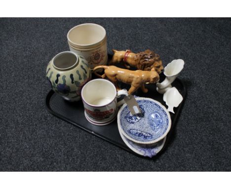 A tray of Beswick lion and lioness (a/f), Wade Sunderland mug, Tunstall planter, Chinese style Adams bowl