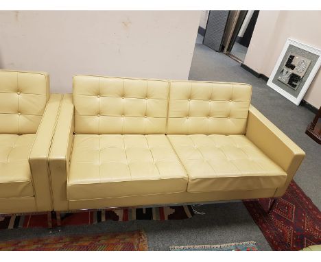 A pair of contemporary caramel coloured button leather settees, width 159 cm each 
