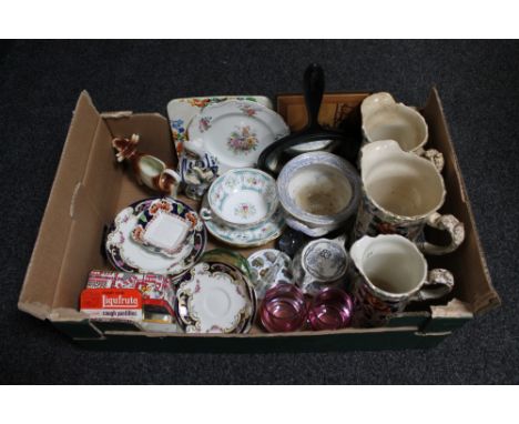A box of antique and later china, chintz water jugs, tea china, cow creamer, ebonised hand mirror etc 
