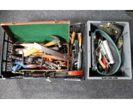 Two plastic crates containing vintage and later hand tools, draper bench vice, spirit levels, folding shovel etc 