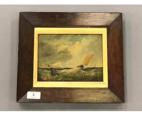W J K Bond (19th century) : Sailing boat in choppy water, oil on canvas, 19.5 cm x 14.5 cm, signed, dated '84, framed.