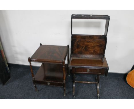 An inlaid mahogany occasional table, a 20th century mag rack with Bakelite ashtray and a flap sided sofa table 