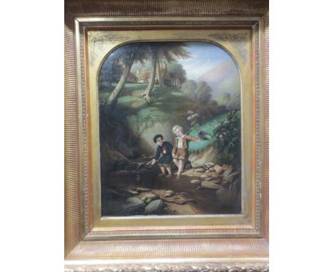 *** Black (British, 19th Century), Two small boys playing by a stream, signed along the bottom edge "Black", oil on canvas, 5