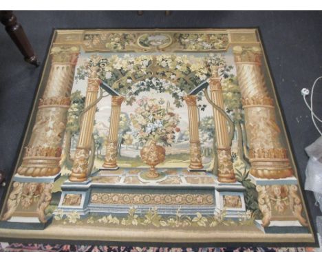 A Chinese machine made wool wall-hanging tapestry in the 17th Century style, as a flower enriched pergola, 187cm square  