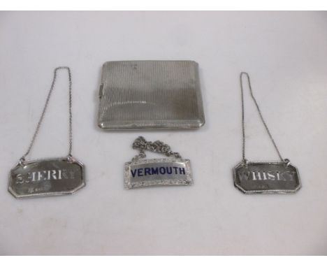 Three silver decanter labels, two with pierced wording, the third in blue enamel, together with a silver pocket cigarette cas
