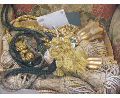 A pair of leaf patterned interlined curtains, together with a large quantity of curtain tie-backs  