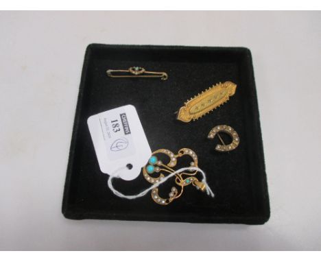 A 15ct diamond set bar brooch, together with a pearl set horseshoe brooch, a turquoise and pearl heart brooch and a turquoise