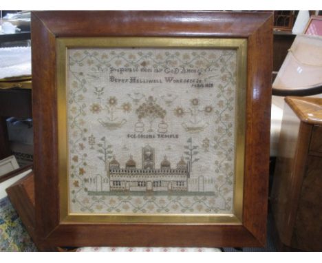 Betty Helliwell's Sampler, worked by her aged 20 years, 1828, depicting Solomon's Temple "Prepare to meet thy God, Amos, Ch. 