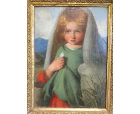 Pre-Raphaelite School, 19th Century, Portrait of a young girl, standing, in a green and red dress and cloak, monogrammed "PM"