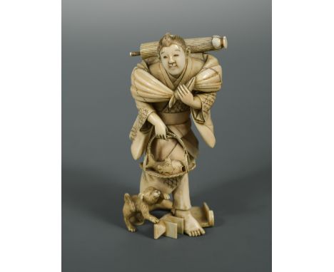 An ivory okimono of a man with a fish basket, Meiji period, finely carved, the figure carrying on his back an umbrella and a 