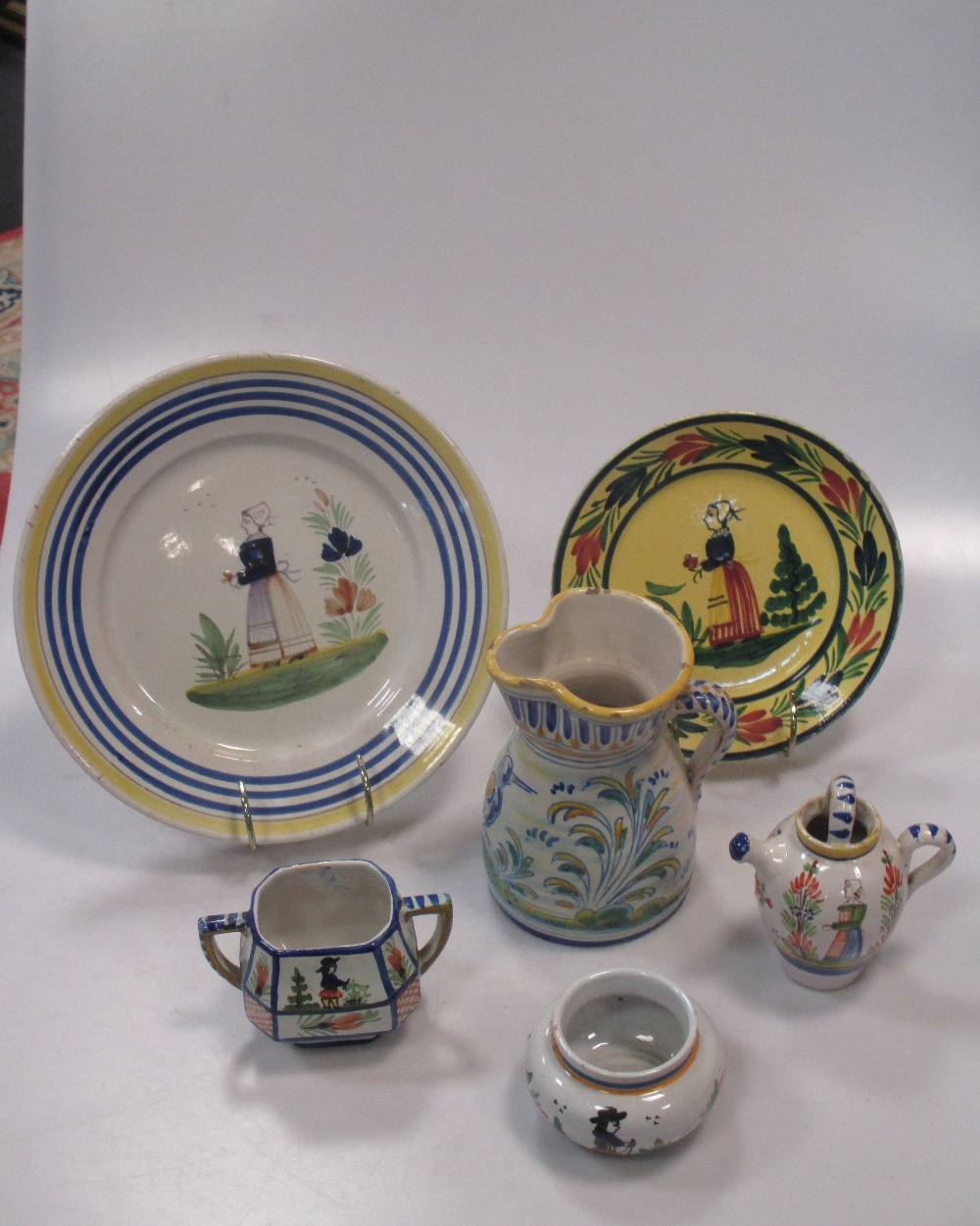 A group of Quimper/Rouen type pottery wares, various shapes and sizes