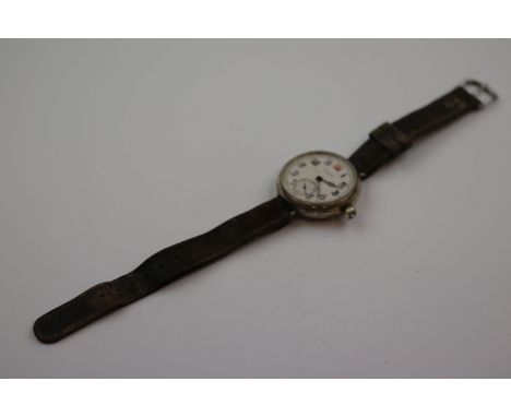 WW1 era hallmarked Silver Trench type Watch, the Enamel dial marked "Elgin", with sub-dial at the six position, case marked "