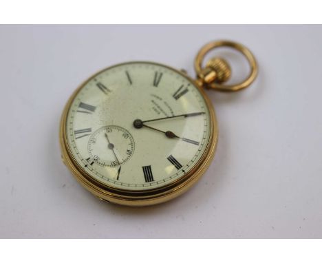 Victorian 18ct yellow gold open face top wind pocket watch, John Glover of Richmond, white enamel dial and subsidiary dial bl