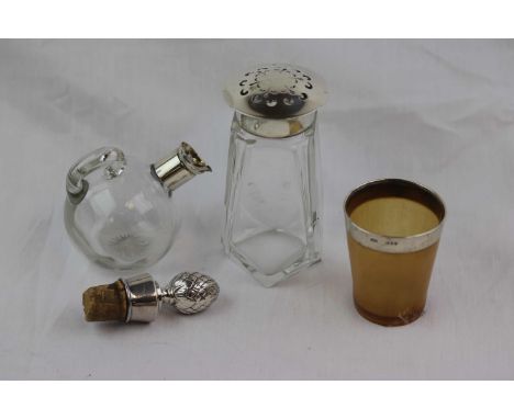 Collection of silver items to include a silver collared glass oil jug, of rounded form, star cut base, makers William Hutton 