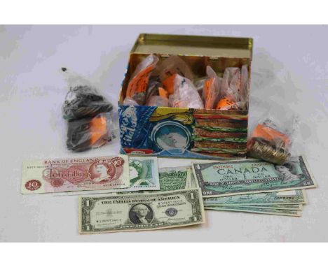 Tin of mixed vintage UK &amp; World coins and Banknotes to include; 1895 Crown, Swiss Francs, O'Brien £1 note, Silver Florins