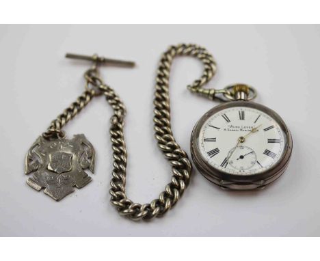 Silver open face Acme Lever top wind pocket watch, H Samuel Manchester, white enamel dial and subsidiary dial, black Roman nu