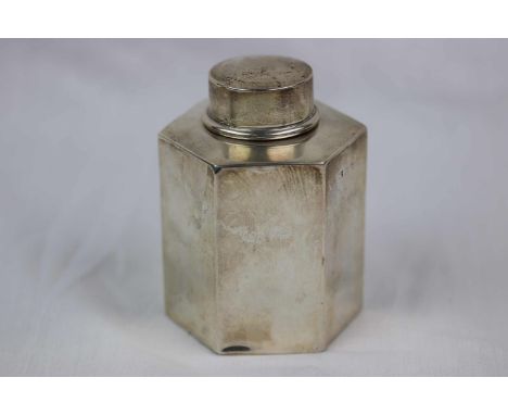 Early George V silver tea caddy of plain polished hexagonal form, makers William Neale &amp; Son Ltd, Birmingham 1912, height