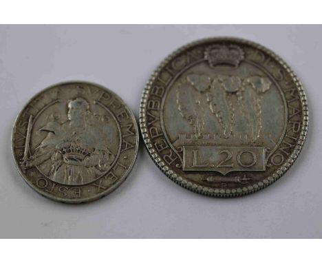 San Marino Silver 20 Lire &amp; 10 Lire coins 1936-R, condition Very Good or better, 20 Lire approx 14.9 grams, 10 Lire 9.9 g