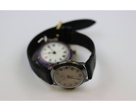 Hallmarked Silver Trench style wristwatch with enamel dial &amp; purple enamel bezel, London import marks for 1914, approx 31