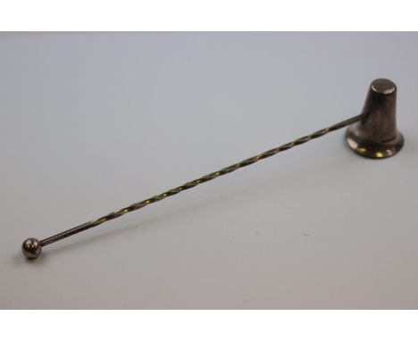 Silver candle snuffer, barley twist stem with spherical finial, makers A Edward Jones Ltd, Sheffield 2004, length approximate