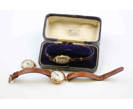 Three ladies 9ct gold cased wristwatches to include circa 1920s/1930s Rolco wristwatch, white enamel dial with gilt chapter r