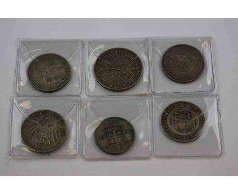 Six vintage Silver coins to include; 1889 Double Florin, 1887 Half Crown George III Half Crown 1819, Fiji Florin 1935, South 