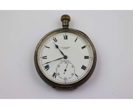 Early George V J W Benson silver open face top wind pocket watch, white enamel dial and subsidiary dial, black Roman numerals