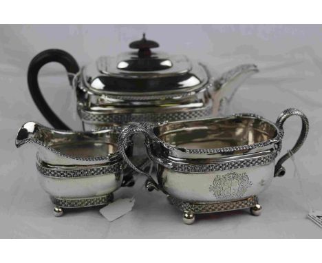 Matched George III silver three piece tea service comprising tea pot, sugar bowl and milk jug, the handles modelled as snakes