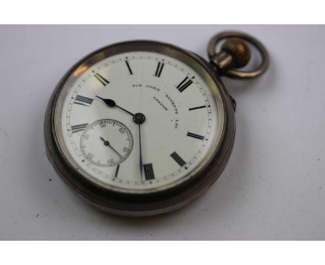 Silver open face top wind pocket watch, the face stamped Sir John Bennett Ltd London, white enamel dial and subsidiary dial, 