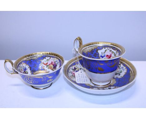 Three pieces of early 19th Century H &amp; R Daniel blue ground coffee cup, tea cup and saucer 