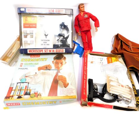 Toys and games, including a Merit chemistry set, junior doctor's kit, dominoes, Steve Austin The Six Million Dollar Man, etc.