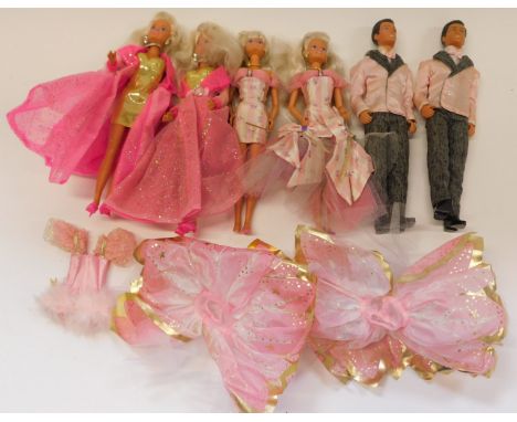 A collection of Hasbro Sindy and Paul dolls, comprising a 1990 Beautiful Bows Sindy, Bow Tie Paul, 1994 Glitter Nails Sindy, 