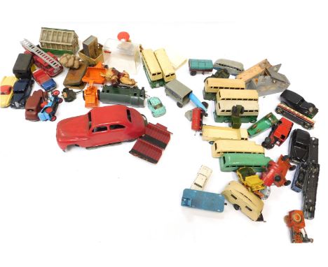Diecast and tinplate vehicles, to include Matchbox Merryweather Fire Engine, Dinky buses, Dinky trains, a Chad Valley Harborn