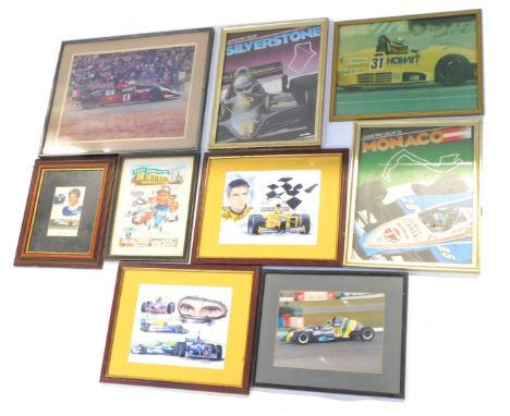 A group of automobilia related prints, comprising The European FF2000 Champion 1983 Russell Leace signed photograph, a Grand 