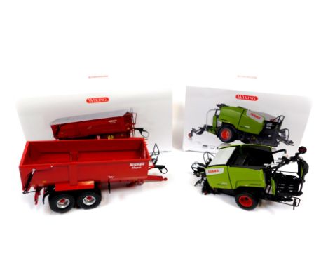 Wiking metal and plastic diecast 1:32 scale farming implements, including a Claas Roll Iron 455 Uniwrap baler, and a Krampe K