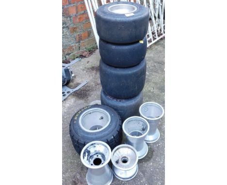 A group of Go-Karting alloys and wheels, to include Dunlop 11.5 x 7.10-6, four Kfia carting alloys with Vecaslz tyres and fou
