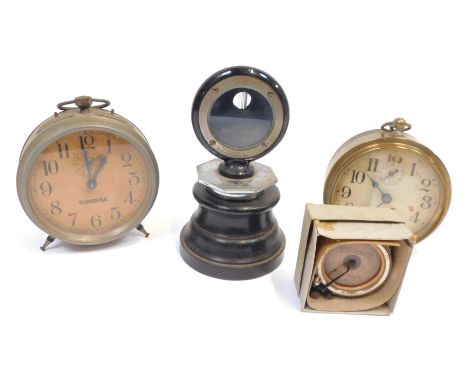 Automobile related dials and clocks, comprising a Boyce Moto Meter, Sunrise display clock, Autograph Harrods SW1 compass, and