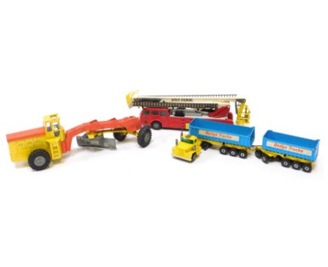 A Corgi Simon Snorkel Dennis Chassis Fire Engine, Matchbox Superkings K16 Dodge Tractor, and a Dinky Toys Road Grader. (3)