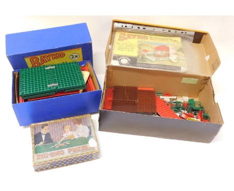 Bayko 2X converting set, boxed, Bayko building sets, and a zigzag puzzle. (3) 