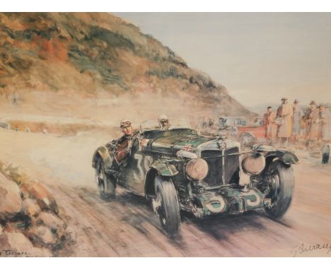 After Bryan De Grineau, Mille Miglia 1933, coloured print, signed by driver Johnny Laurani, 48cm x 70cm. To be sold on behalf