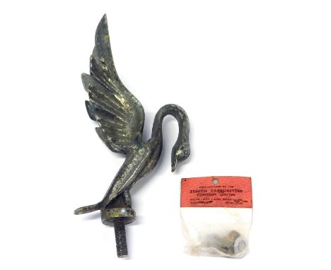 A chrome car mascot, of an arched swan, and a Zenith carburettor, 18cm high.
