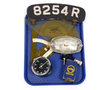 A Smiths car rev chronometric gauge, with chrome lever, motor cycle registration plate (8254R), Lucas car lamp, etc. To be so