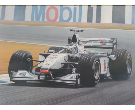 After Ray Goldsborough. F1 Racing Mercedes car, with Mobil track banner, print, 40cm x 62cm, framed and glazed.