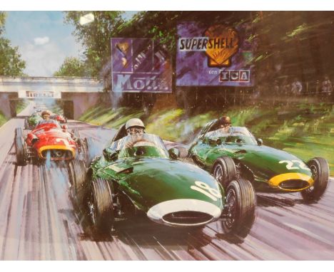 After Nicholas Watts, British Racing Green, coloured print, signed by Sir Stirling Moss, Tony Brooks and Frank Costin, limite